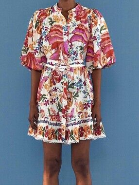 macaw cross stitch embroidered mini dress FARM Rio Macaw Cross Stitch Embroidered Mini Dress